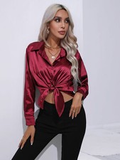 Ladies Satin Silk Blouse Casual OL Work Long Sleeve Buttons Tops Shirts Tee SIZE