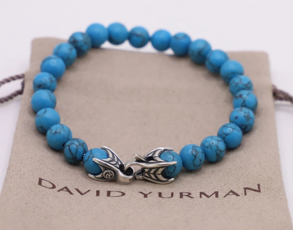 Pulsera David Yurman Para Hombres 8mm Cuentas Espirituales Plata de Ley con Turquesa 8" Foto 2 de 4