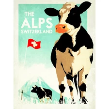 TRAVEL TOURISM SWITZERLAND COW ALPINE FLAG SNOW MOUNTAIN 30X40 CMS FINE ART PRIN