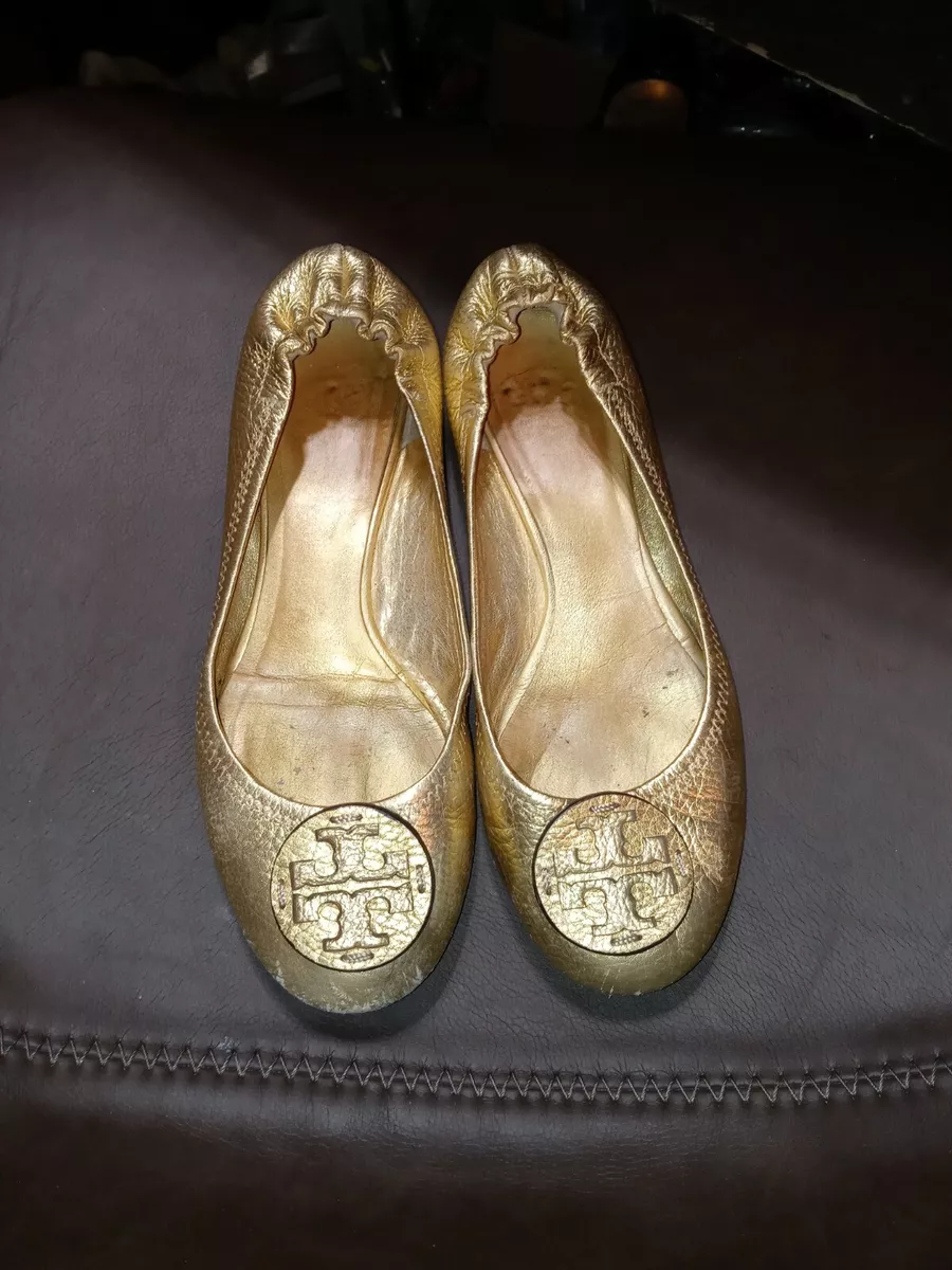 Tory Burch Metallic Gold Minnie Travel Logo Ballet Flats Sz 8 eBay