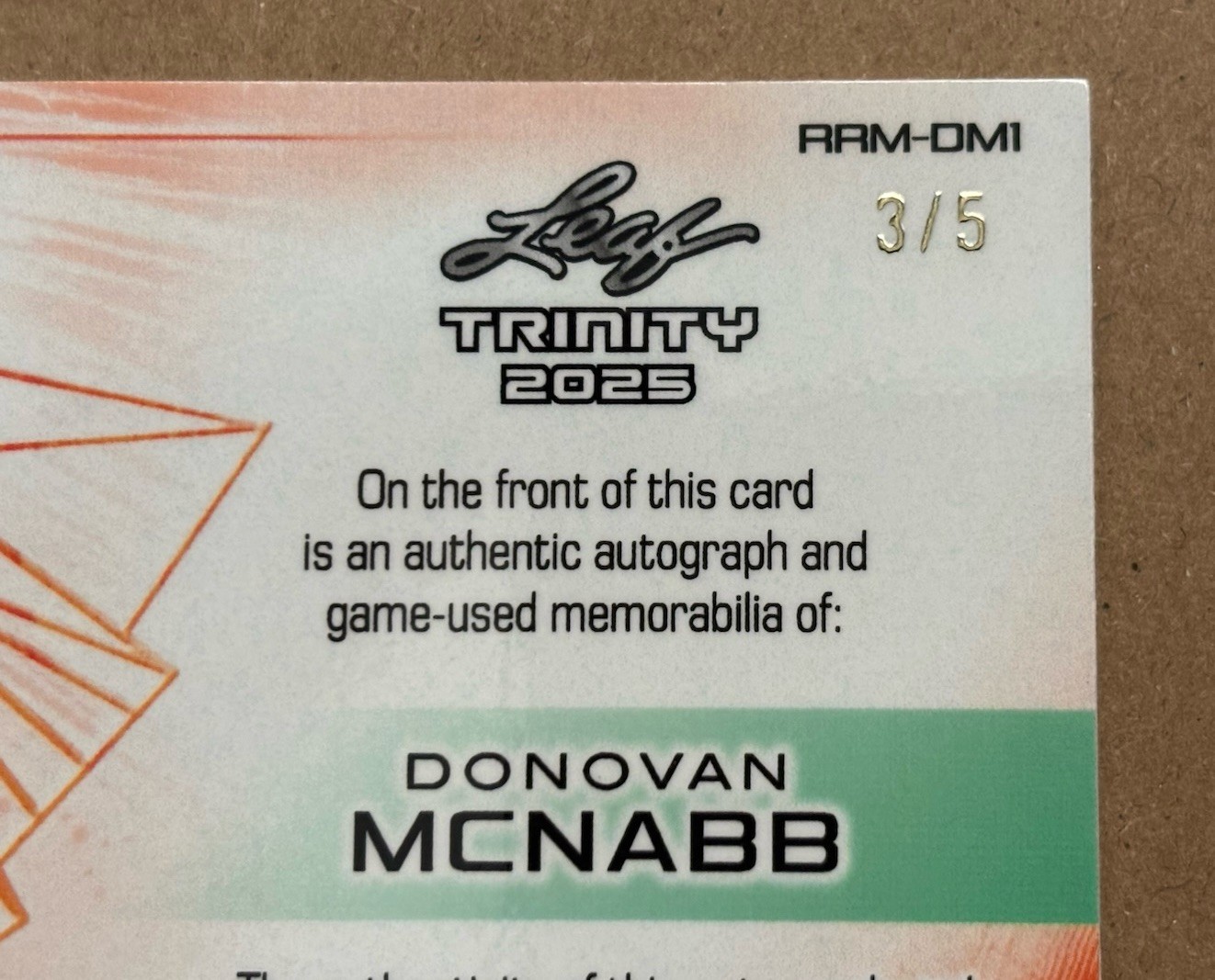 Donovan McNabb Auto /5 Retro Game Used Relic Patch - 2025 Leaf Trinity Football view 3
