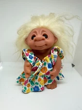 Vintage Thomas Dam Troll Doll 8" Beach Dress Cream Long Hair Denmark Stamp 1977