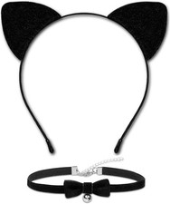 MUKOSEL Black Cat Ears Headband with Bell Collar Set, Costumes for...