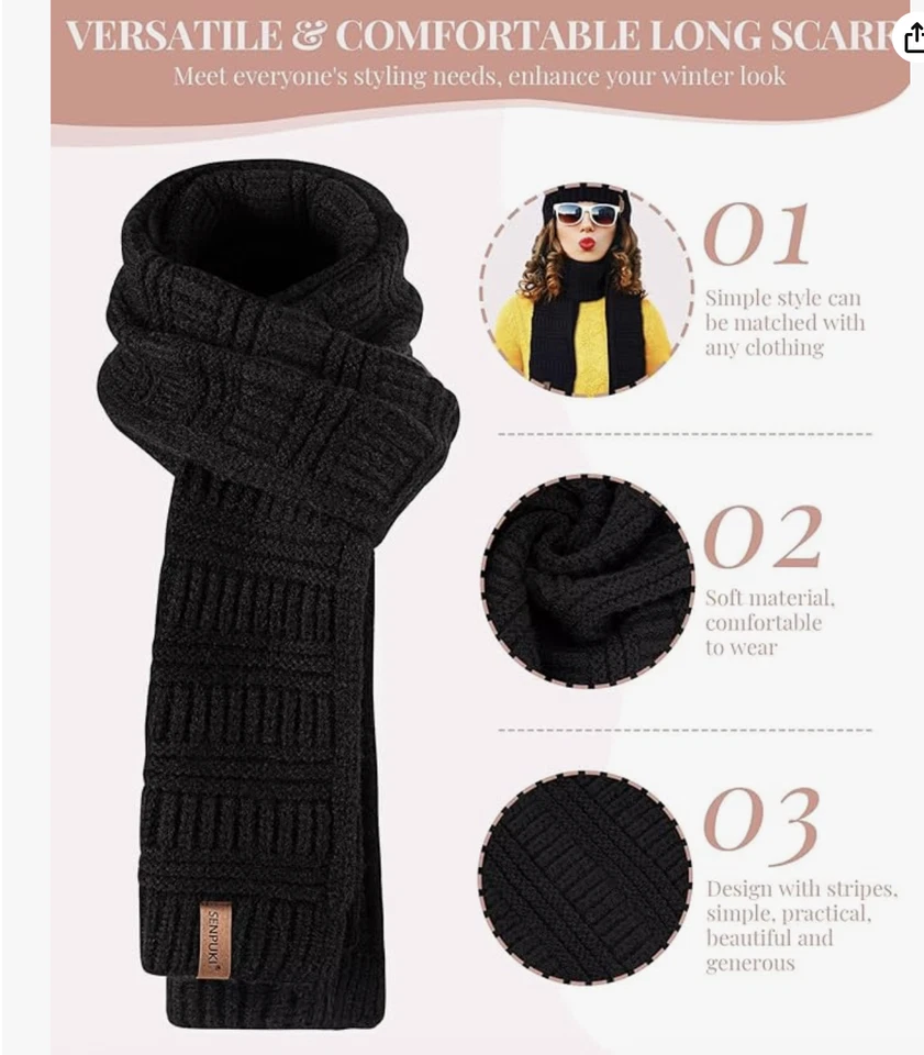 Womens Winter Beanie Scarf Gloves Set, Pom Pom Hat with Warm Fleece Lined Long K - Image 4 of 4