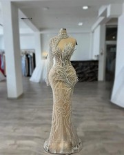 Nude Champagne One Shoulder Prom Dresses Pearl Beaded Sequin Wedding Party Gown