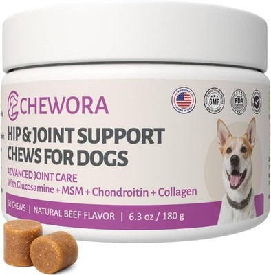 Chewora Hip & Joint Dog Chews   6.3 oz (60 Soft Chews), Natural Beef Flavor