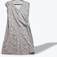 Athleta Leaf Print Wrap Ruched Midi Dress Black White Stretch Large 11 12