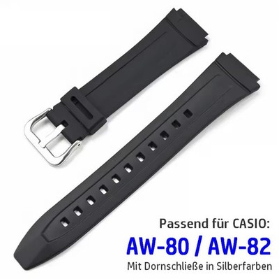 Armband kompatibel für Casio AW-80 und AW-82, Uhrenarmband, Schwarz+Silberfarben
