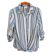Harpers Blouse Tunic Button Up Made In USA Striped Green White Sz S Roll Tab Slv