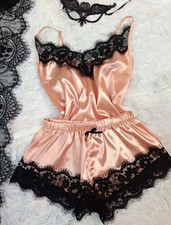 Women s Solid Pink Satin Lace Camisole Shorts Set, Size M Regular 2-Pack