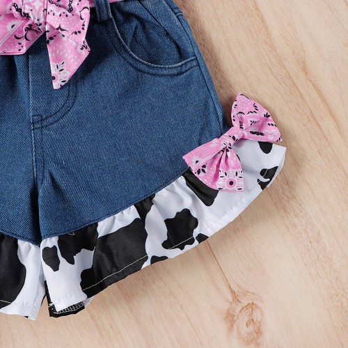 Baby Girls Denim Shorts Outfits Ruffle Cow Print Shirt Tops Belted Jeans Shorts - Picture 10 of 13