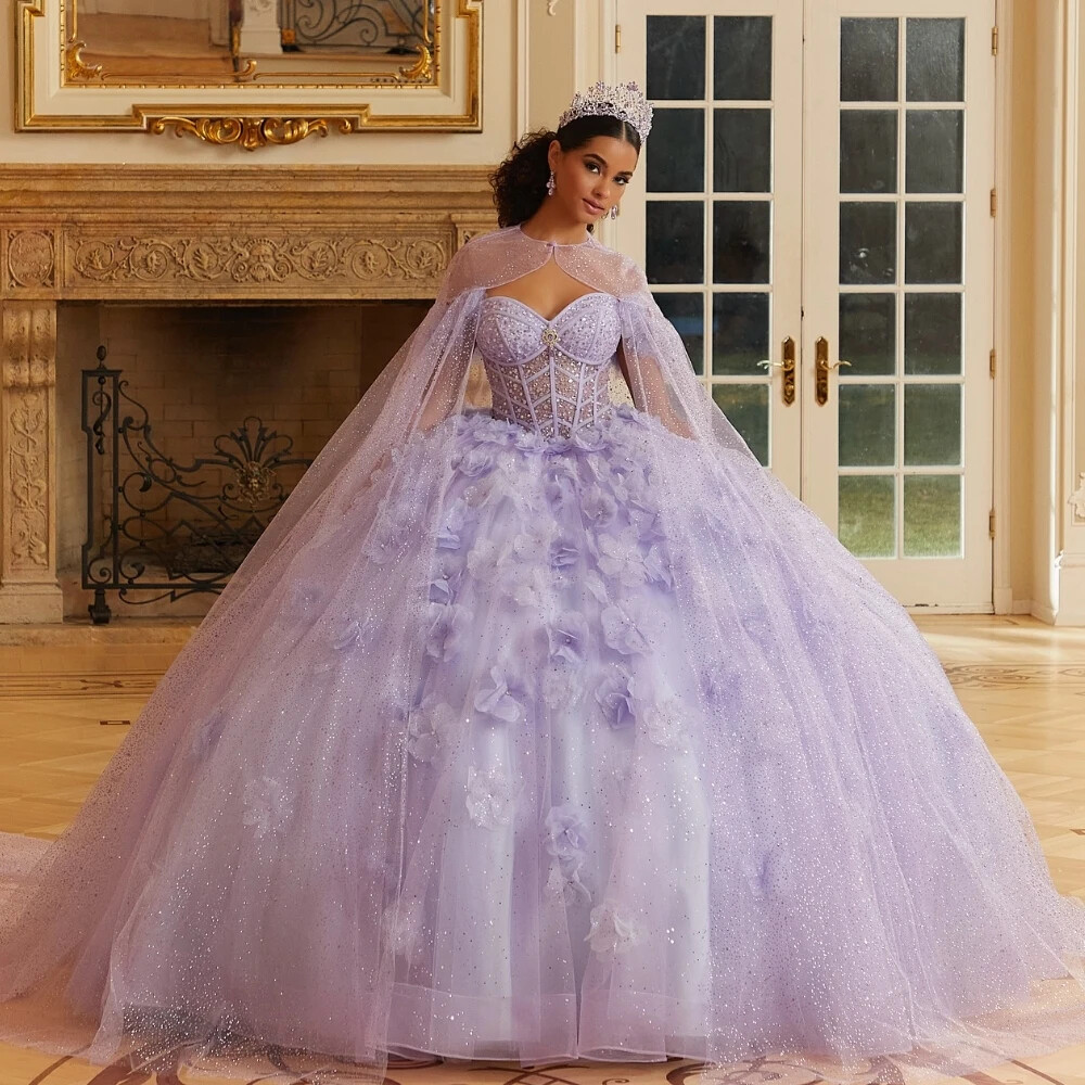 Light Purple Princess Quinceanera Dresses Shiny Beaded Cape Ball Gowns  Sweet 15
