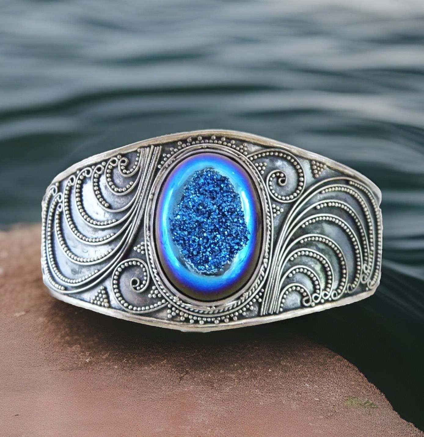 Sterling Silver 925 Electric Blue Crystal Bali Statement Cuff Bracelet