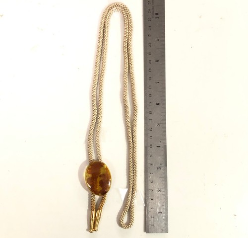 Japanese Bolo Tie Necklace Jewelry Cowboy Amber Brownish Yellow Resin Oval B30 - Picture 11 of 11