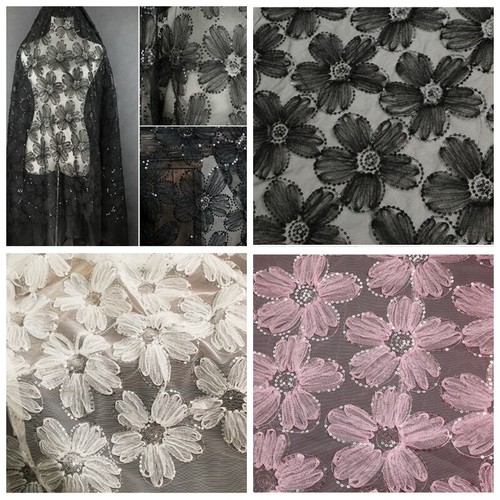 1M 3D Flower Lace Fabric Sequins Tulle Cloth Wedding Dress Curtain Craft DIY