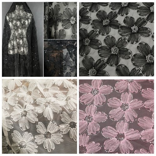 1M 3D Flower Lace Fabric Sequins Tulle Cloth Wedding Dress Curtain Craft DIY - Afbeelding 1 van 15