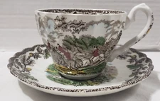 Vintage Myott Staffordshire CUP & SAUCER-Country Life Brown Multicolor Fox hunt