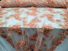 Peach 3D Floral Beaded French Embroidered Mesh Lace Fabric by the Yard