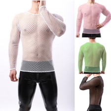 Men Long Sleeve Mesh Shirt See through Top TShirt Fishnet Muscle Undershirt Club