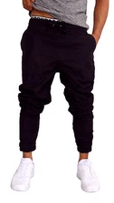 MENS CUFF PANTS BLACK BLUE LINEN COTTON TAPERED LEG JOGGERS TRACKIES CUFFED