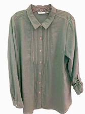 J. Jill Uncommon Threads L Pin Tuck Embroidered Green Gingham Check Tunic Blouse