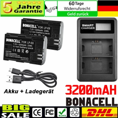 BONACELL 2x 3200mAh LP-E6 Akku + Dual Ladegerät Für Canon EOS 60D 7D 5D Mark II Mark IV d