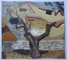 Gemälde Aquarell Tusche Landschaft Haus Baum Gerda Henning Nachlass