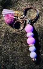 Handmade Beaded Keychain with Mini Pom Pom, Tassel On Metal Bar