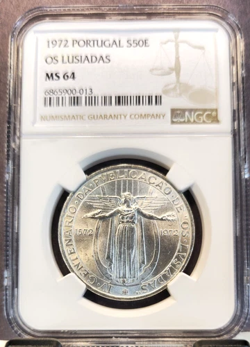1972 PORTUGAL SILVER 50 ESCUDOS OS LUSIADAS NGC MS 64 BRIGHT BU BEAUTIFUL LUSTER