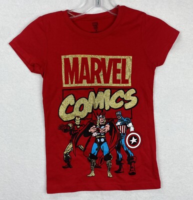Marvel Comics Girl S Youth Red Shirt Tee Gold Glitter NWOT Thor Iron Man  Captain