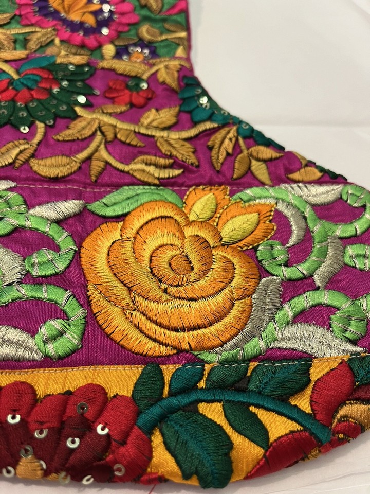 Christmas Stocking Embroidered Floral World Market Colorful India