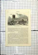 Antique Old Print Collegiate Church Or Cathedral Manchester People Dresses
