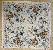 VTG Sheer Bird Scarf in White, Brown, and Blues 30x30  