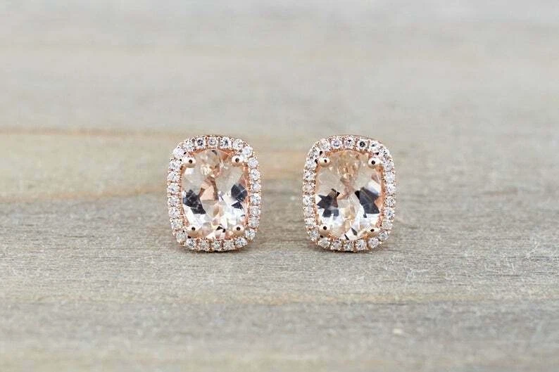 1.7ct Natural Peach Morganite Natural & Diamond Halo Earring 14k Solid Rose Gold - Image 4 of 4