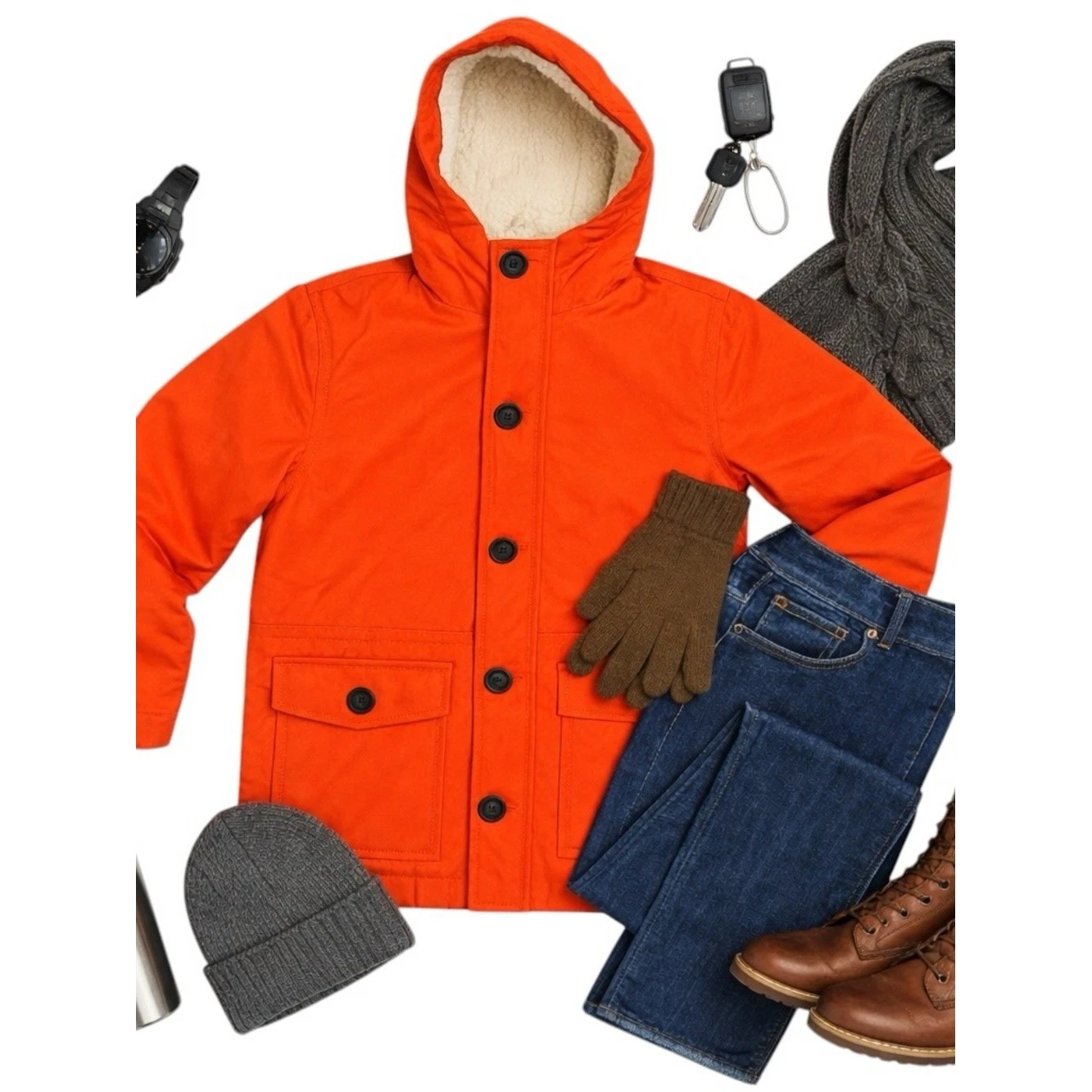 Goodfellow Sherpa Lined Parka Jacket Men Small Orange Hooded Winter Coat Warm