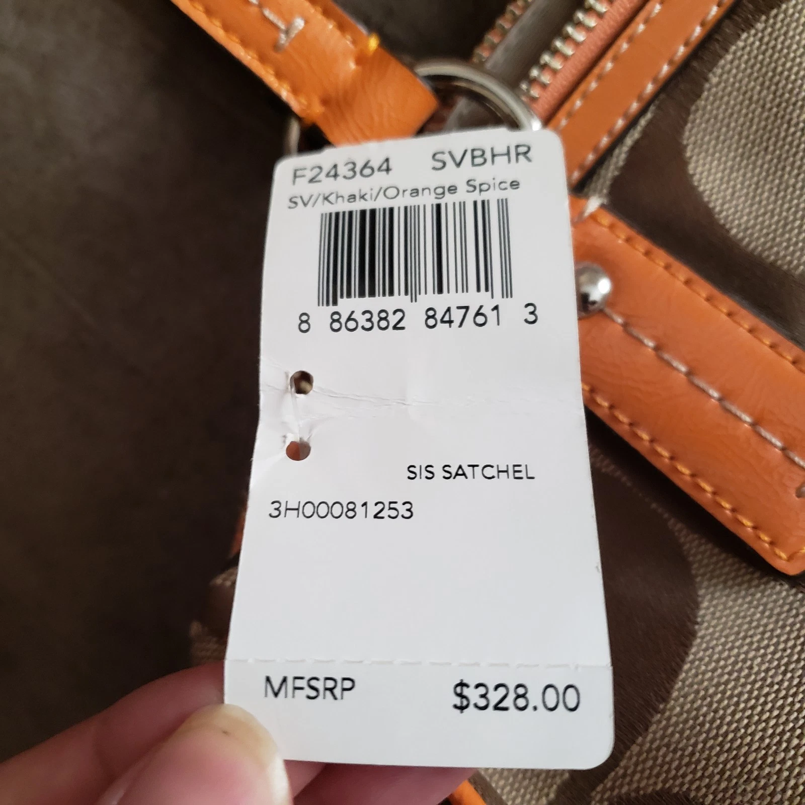 Borsa a mano Coach da donna SV KAKI ORANGE SPRICE F24364 NUOVA CON ETICHETTE $328