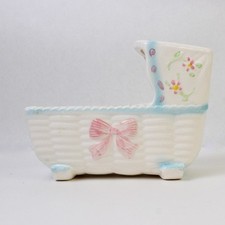 Vintage Ceramic Baby Bassinet Planter White w/ Blue Trim Made in Japan