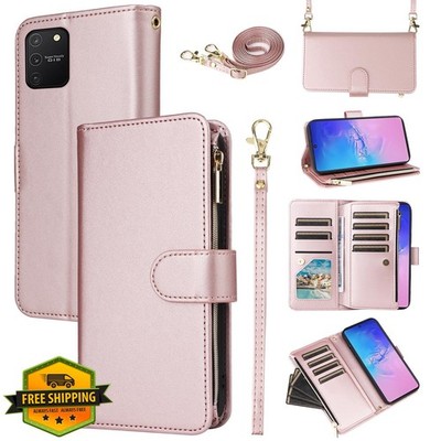 S10 Lite Wallet Case Pink Zipper Purse Wrist Strap Crossbody