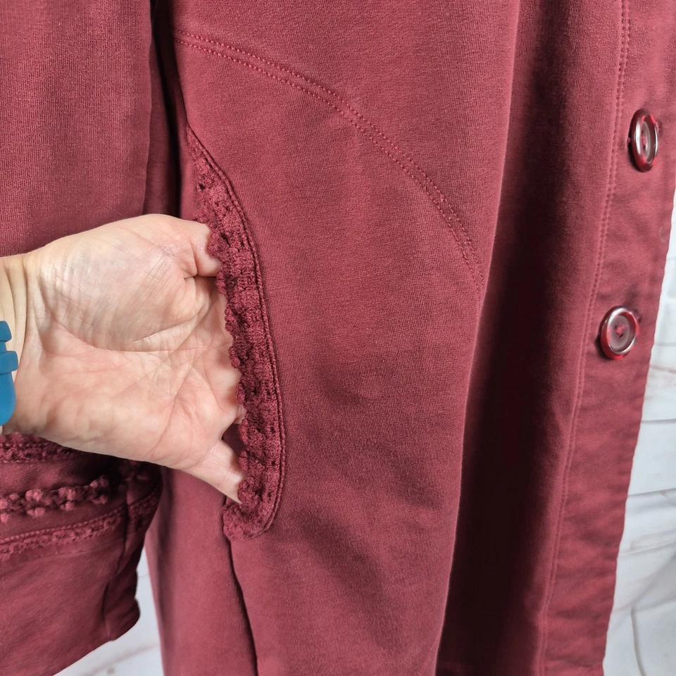 Chaqueta Abrigo Soft Surroundings Talla S Rachel Borgoña Rojo Crochet Plisado Guisante Foto 4 de 4