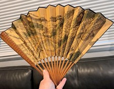 Vintage Oriental Chinese Folding Fan CITY Scene With BAMBOO Frame 13" Tall