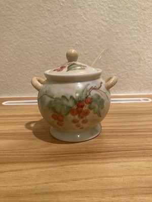 Vintage 1973 Eleanor Hand Painted Ceramic Sugar Bowl w Lid 4 