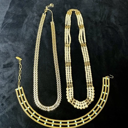Vintage Costume Jewelry Lot 3 Necklaces Gold Tone Pearl Rhinestone Statement Set