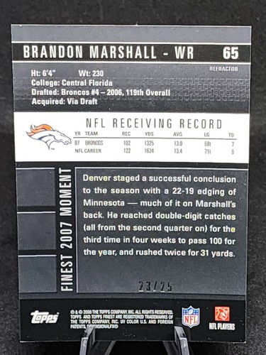 2008 Topps Finest Red Refractor #65 Brandon Marshall Denver Broncos /25 - Picture 3 of 4
