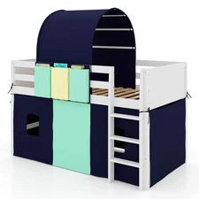Twin Loft Bed with Tower & Tent 3 Storage Pockets Safety Guardrail and Ladder