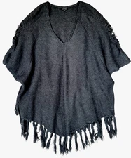 Papermoon Poncho Women M/L Granite Gray Distressed Fringe Boho Coastal Lagenlook
