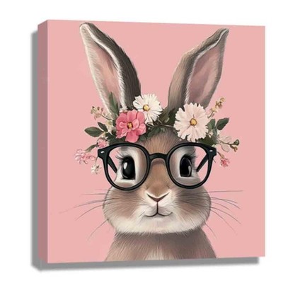 Rabbit Canvas Prints Wall Art Easter Bunny Picture Pink Flower Crown Animal P...