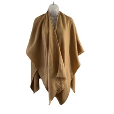 April Marin Poncho Wrap Shawl Womens One Size Solid Tan Camel Fringe Ruana Cape