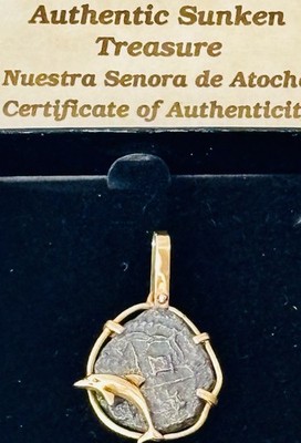 ATOCHA versunkener Schatz 14k massiv Gold Delphin Einfassung Anhänger Silber Münze COA