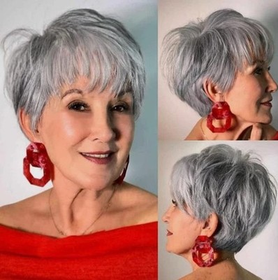 Short Grey Wigs for White Women Pixie Cut Gray Wigs with Bangs Natural Curly