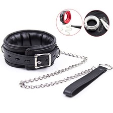 Bondage Padded PU Leather Slave Neck Collar Soft Choker with Leash Chain BDSM